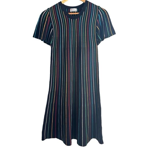 Red Valentino Short Sleeve Black Knit  Rainbow Stripe Shift Dress - Picture 3 of 9